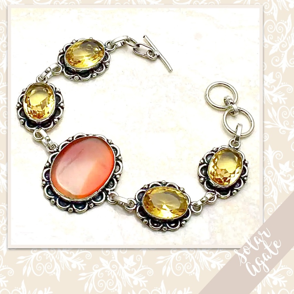 Solar Agate, Citrine Silver Eclectic Artisan Bracelet Adjustable (Orange Yellow)
